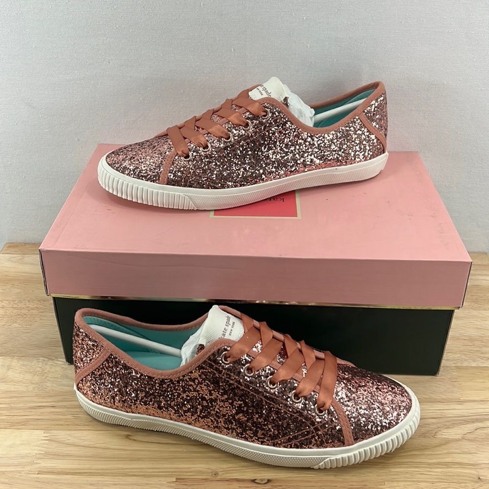 Kate Spade Trista Glitter Lace Up Sneakers- Rose Gold- Size 7B- NIB